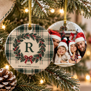 Ornamento De Cerâmica Coroa de Foto Personalizada com Monograma em Xadre