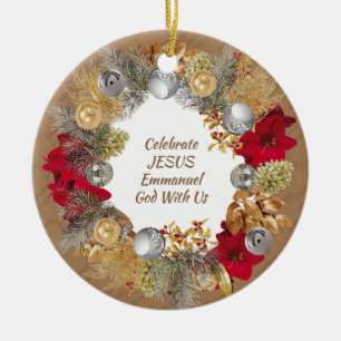Ornamento De Cerâmica Coroa de Natal Bege Personalizada CELEBRE JESUS