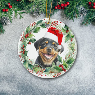 Ornamento De Cerâmica Coroa de Natal com Filhote de Rottweiler Natal