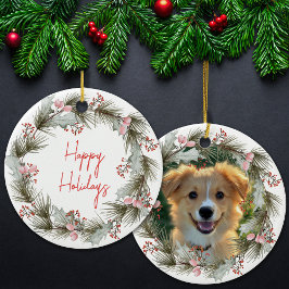 Ornamento De Cerâmica Coroa de Natal com Foto Personalizada do Pet