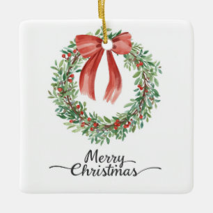Ornamento De Cerâmica Coroa de Natal com Laço Vermelho em Aquarela Feliz
