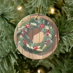Ornamento De Cerâmica Coroa de Natal de Frutas Vermelhas Alegre Rústic