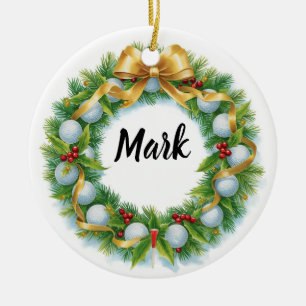 Ornamento De Cerâmica Coroa de Natal de Golfe com Nome do Golfista