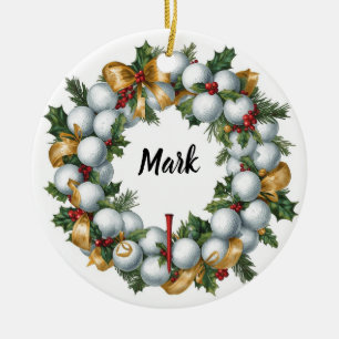 Ornamento De Cerâmica Coroa de Natal de Golfe com Nome do Golfista
