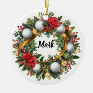 Ornamento De Cerâmica Coroa de Natal de Golfe com Nome do Golfista