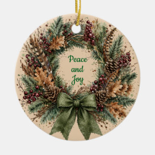 Ornamento De Cerâmica Coroa de Natal de pinheiro rústico Paz e Alegria 