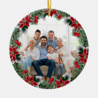 Ornamento De Cerâmica Coroa de Natal de Poinsettia com Foto Personalizad