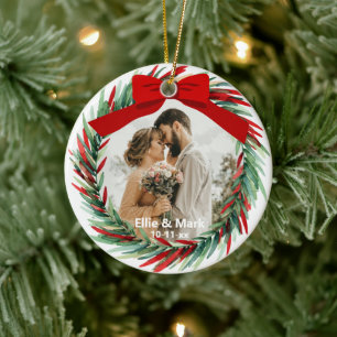 Ornamento De Cerâmica Coroa de Natal para Recém-Casados Foto do Casament