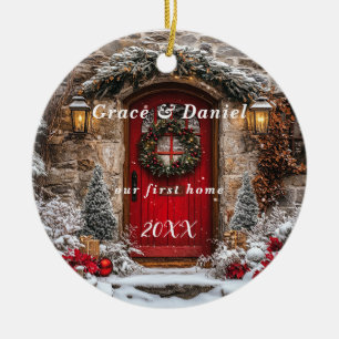 Ornamento De Cerâmica Coroa de Natal Vermelha na Porta "Nossa Primeira C