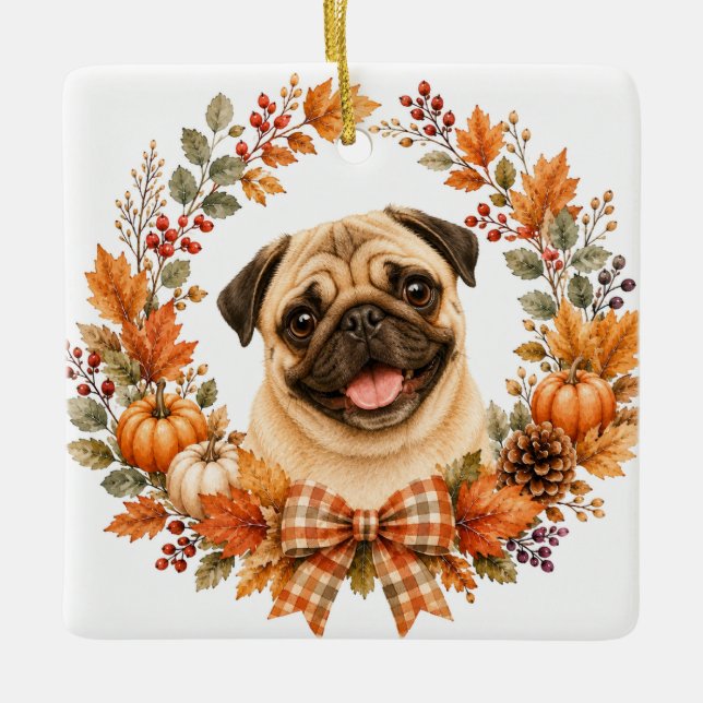 Ornamento De Cerâmica Coroa de Outono de Pug (Frente)