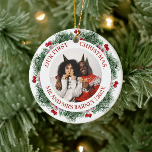 Ornamento De Cerâmica Coroa de Pinheiro Elegante Primeiro Natal Casados 