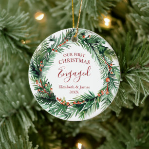 Ornamento De Cerâmica Coroa de Verdura Nosso Primeiro Natal Comprometido