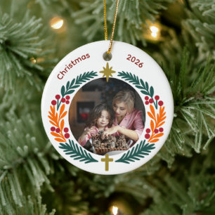 Ornamento De Cerâmica Coroa Estrela e Cruz Cristã Foto Personalizada