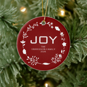 Ornamento De Cerâmica Coroa Floral de Natal Joy Nome da Família Foto