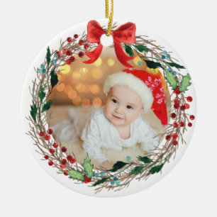 Ornamento De Cerâmica Coroa Rústica com Foto Personalizada Sininhos de P