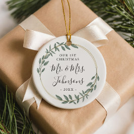 Ornamento De Cerâmica Coroa Verde Dourada Nosso Primeiro Natal