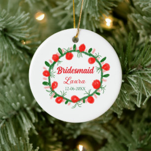 Ornamento De Cerâmica coroa verde vermelha cir adicionar nome bridesmaid