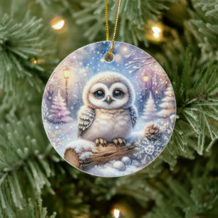 Ornamento De Cerâmica Coruja Bebê na Luz da Neve