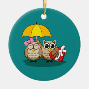 Ornamento De Cerâmica Coruja-branca com guarda-chuva e caixa de chocolat