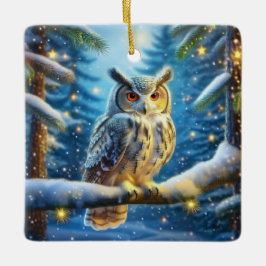 Ornamento De Cerâmica Coruja Com Chifres Em Floresta Coberta De Neve