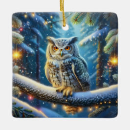 Ornamento De Cerâmica Coruja Corada Em Floresta Coberta De Neve