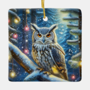 Ornamento De Cerâmica Coruja Corneta na Floresta Coberta de Neve