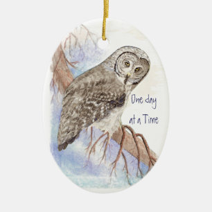 Ornamento De Cerâmica Coruja de Aquarela Personalizada Datado Um dia por
