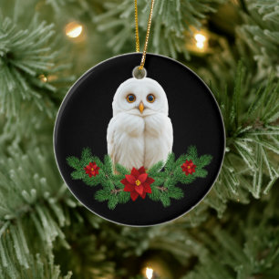 Ornamento De Cerâmica Coruja de Natal com Neve Branca