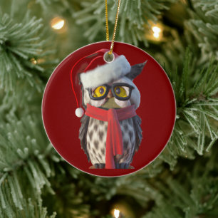 Ornamento De Cerâmica Coruja de Natal Vestindo Fantasia de Papai Noel e 