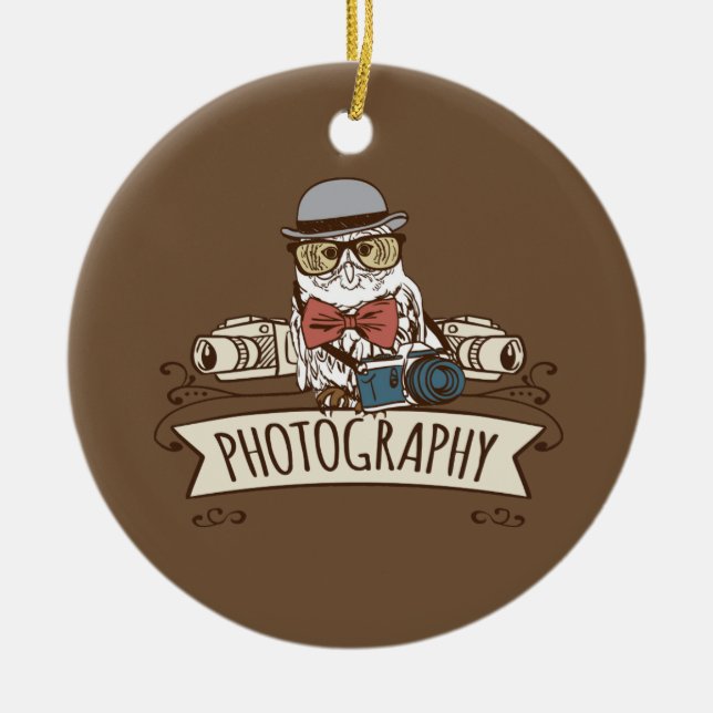 Ornamento De Cerâmica Coruja do fotógrafo com câmera (Frente)