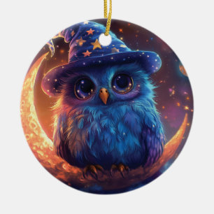 Ornamento De Cerâmica Coruja Mágica Fofa na Lua: Arte de Fantasia Mágica