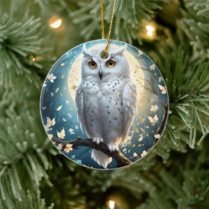 Ornamento De Cerâmica Coruja Neve E Lua Com Faísca,