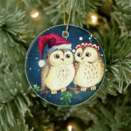 Ornamento De Cerâmica Corujas de Natal apaixonadas