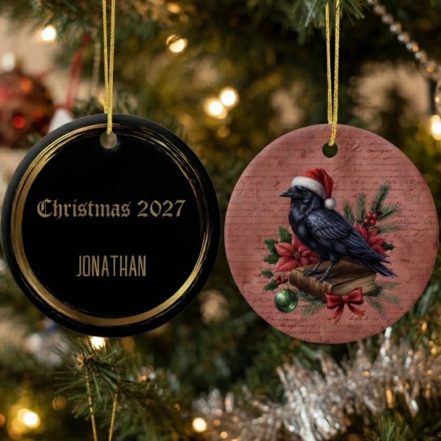 Ornamento De Cerâmica Corvo Barroco de Ônix Gótico (Ceramic raven ornament for gothic holiday lovers and dark academia tree decor)