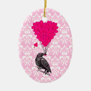 Ornamento De Cerâmica Corvo e coração em damasco rosa