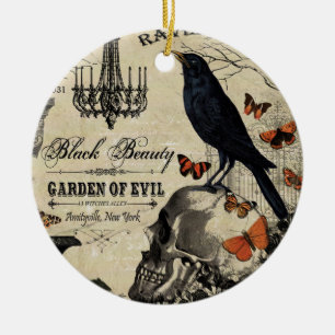 Ornamento De Cerâmica corvo e crânio modernos do Dia das Bruxas do