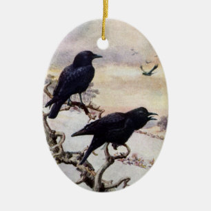 Ornamento De Cerâmica Corvos na ilustração do vintage do inverno