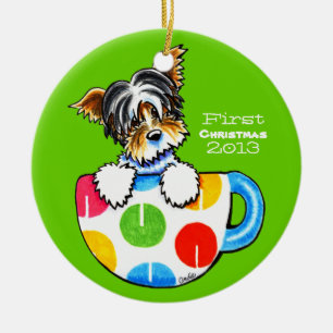 Ornamento De Cerâmica Costume do Natal de Biewer Yorkie primeiro