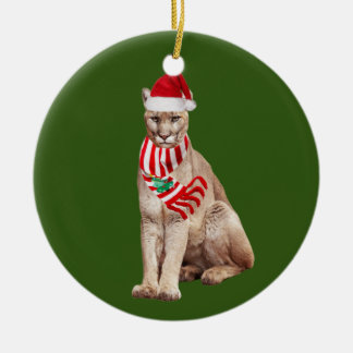 Ornamento De Cerâmica Cougar com o Natal do Chapéu