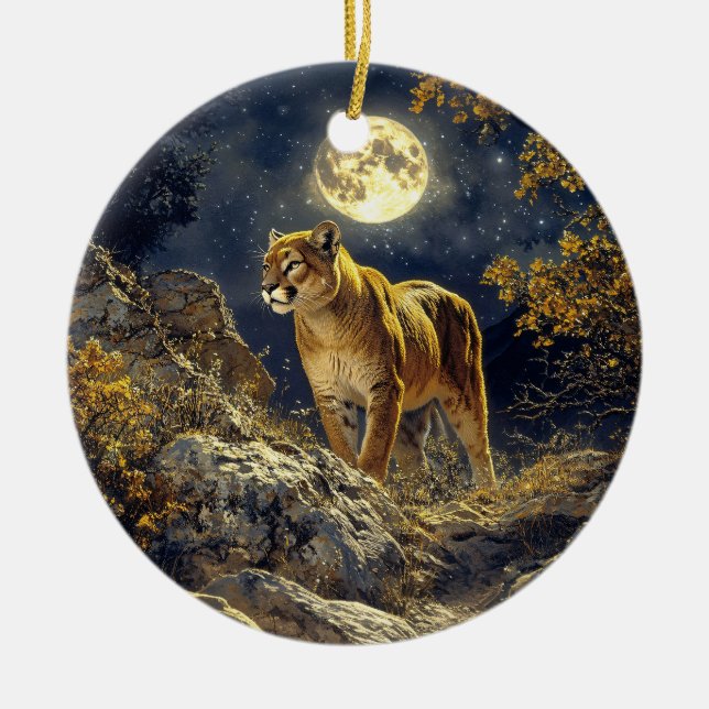 Ornamento De Cerâmica Cougar na Arte da Vida Selvagem à Lua (Frente)