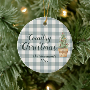 Ornamento De Cerâmica "Country Christmas" Script Name Green Xadrez
