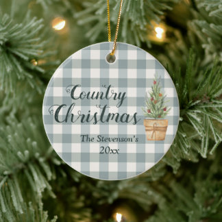 Ornamento De Cerâmica "Country Christmas" Script Name Green Xadrez