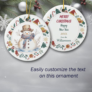 Ornamento De Cerâmica Country Snowman enquadrado com imagens de Natal