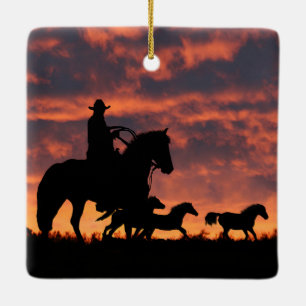 Ornamento De Cerâmica Country Western Cowboy Roundup Cavalos Selvagens