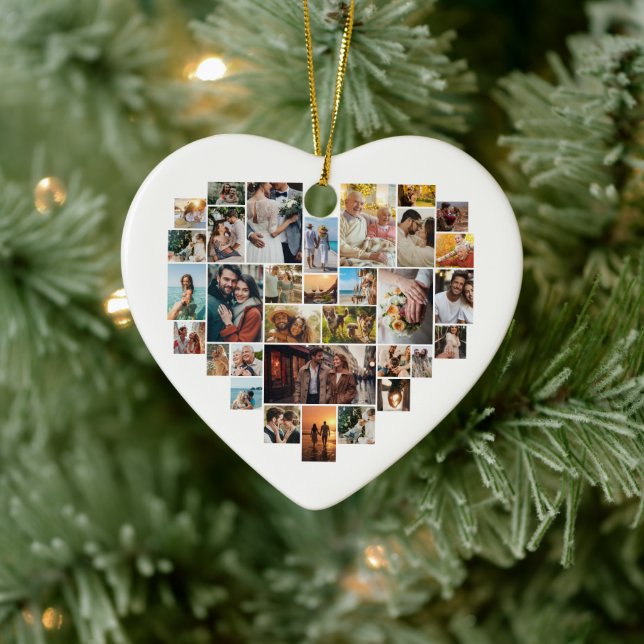 Ornamento De Cerâmica Couple Family Heart Shaped Photo Collage  (Árvore)