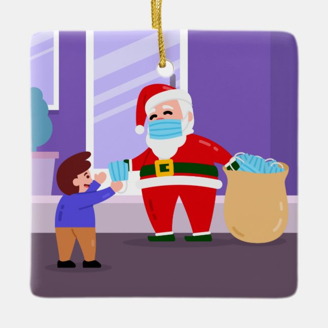 Ornamento De Cerâmica covid feliz natal face mask santa claus (Frente)