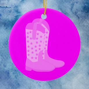 Ornamento De Cerâmica Cowboy Boots Stars Rosa