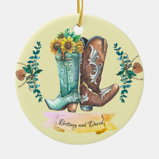Ornamento De Cerâmica Cowboy Boots Watercolor, Casamento Russo (Frente)