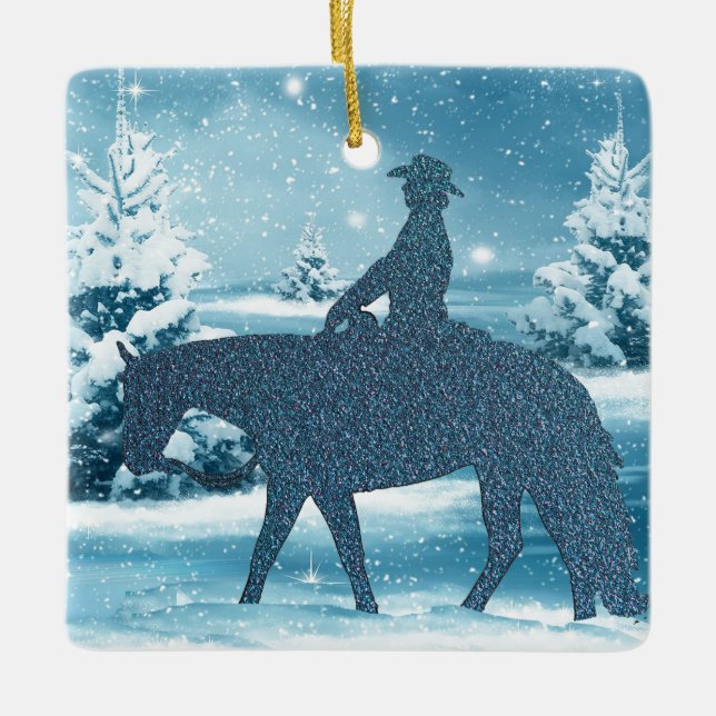 Ornamento De Cerâmica Cowboy Ocidental Cowgirl Horse Winter Scense (Frente)