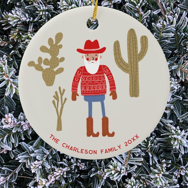 Ornamento De Cerâmica Cowboy Santa Claus Christmas Custom Text (Fun Cowboy Santa Claus Western Christmas Holidays personalized name date ceramic ornament)